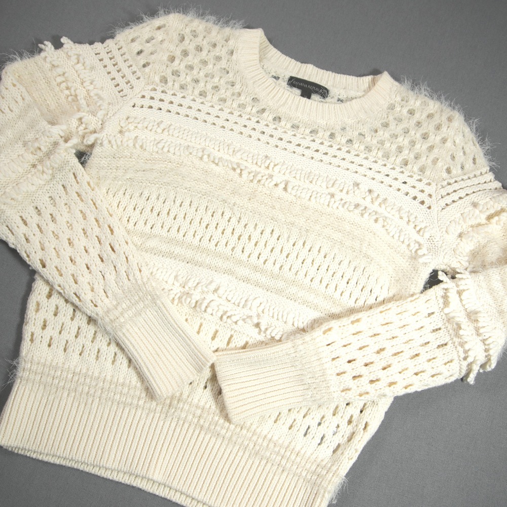 Banana Republic Fringe Mesh Pointelle Pullover Women Sweater M Chic Eyelash Boho